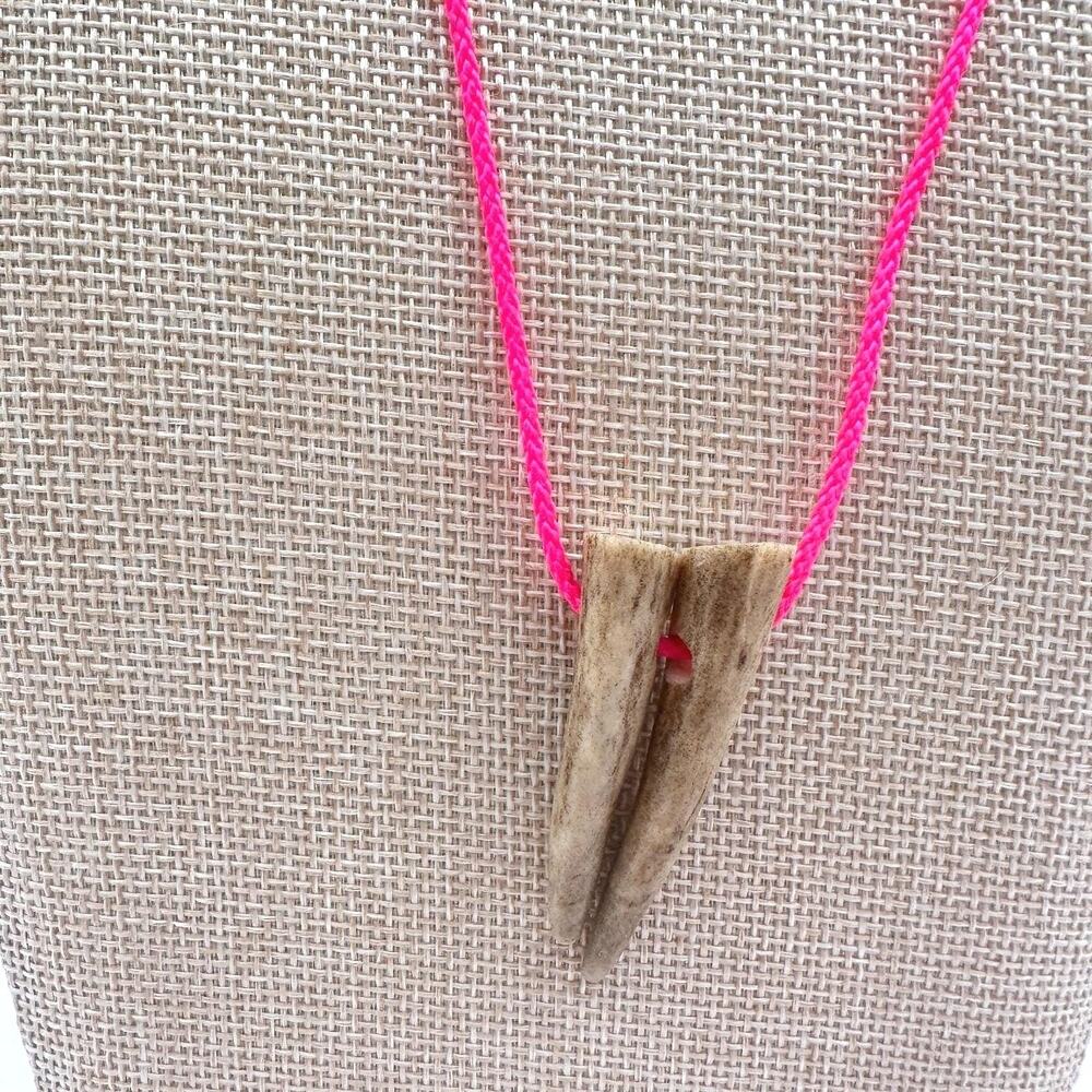 Vintage 80s Antler Spike Pendant Neon Pink Cord Tribal Statement Art Jewelry